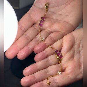 Rose Quartz & Ruby Bracelet | 18K Gold Plated 925 Silver | Adjustable Chain